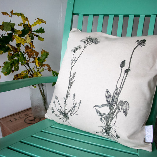 ‘Cuckooflower & Ribwort Plantain’ Linen & Cotton mix Cushion from AMOR Botanical Art, Leitrim