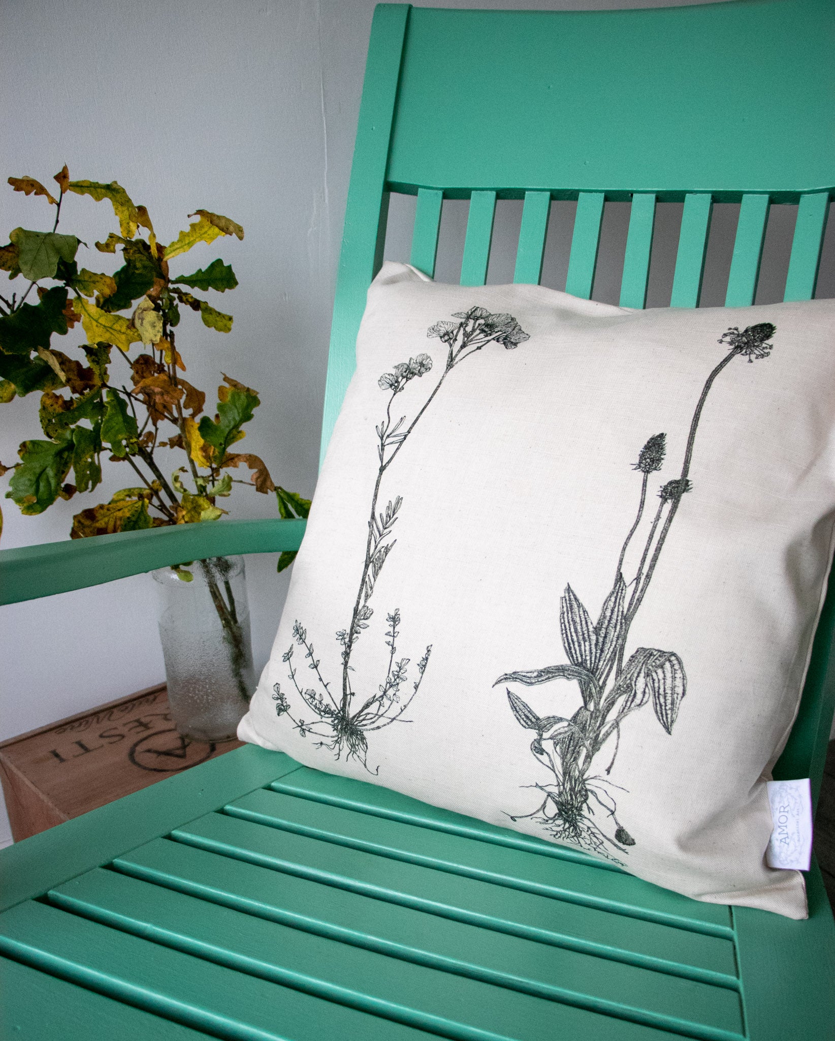 'Cuckooflower & Ribwort Plantain' Irish Linen printed Cushion/Cover from AMOR Botanical Art, Leitrim