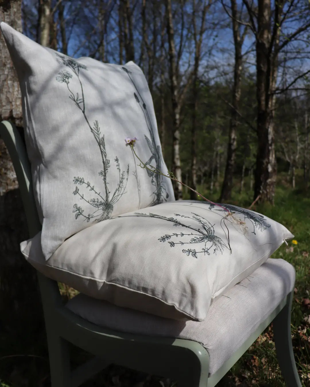 'Cuckooflower & Ribwort Plantain' Irish Linen printed Cushion/Cover from AMOR Botanical Art, Leitrim